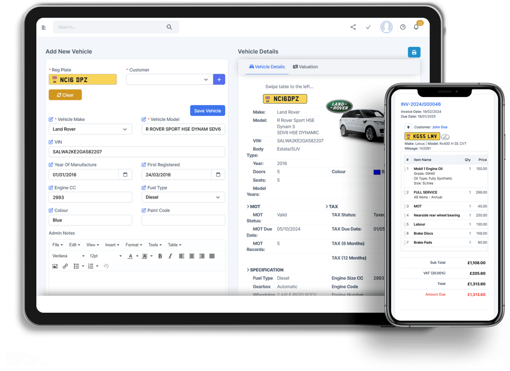 Garage Invoice Vehicle Management Software showing Add New Vehicle screen on tablet and mobile