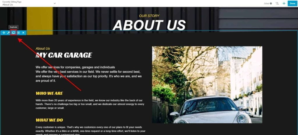 Rows - How to Edit, Move, Duplicate & Delete 5 About Us My Car Garage 3 1024X465 1