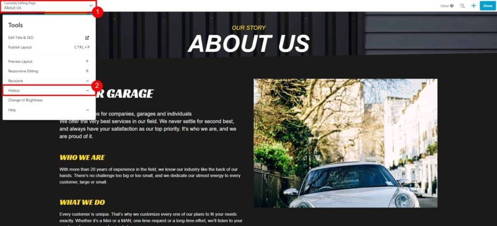 Undo and redo when editing Pages 1 About Us My Car Garage 5 1024X465 1