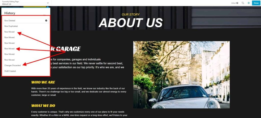 Undo and redo when editing Pages 2 About Us My Car Garage 6 1024X465 1