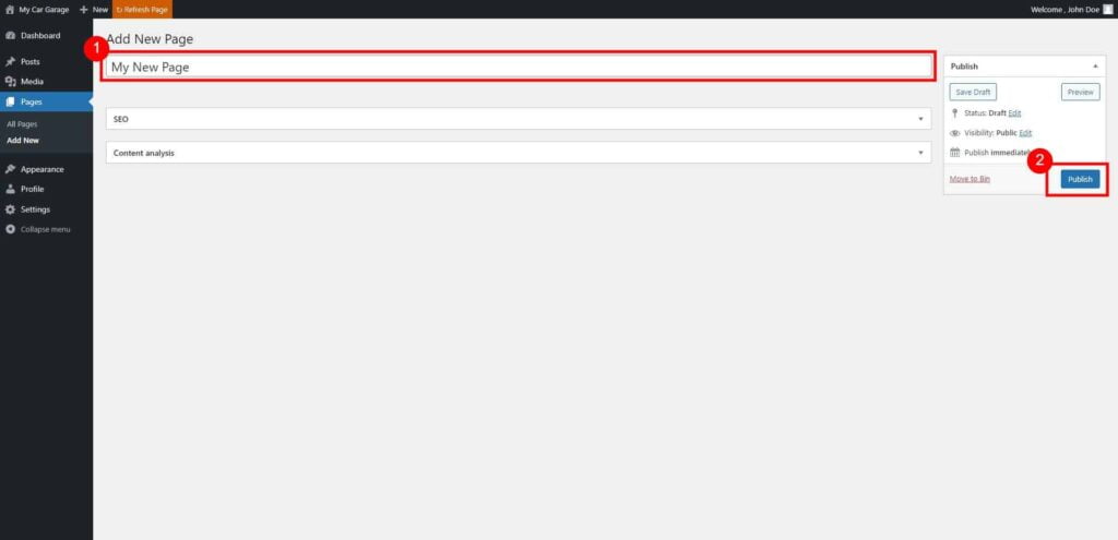 Pages - How to Create a New Page 2 Add New Page ‹ My Car Garage — Wordpress 1024X495 1