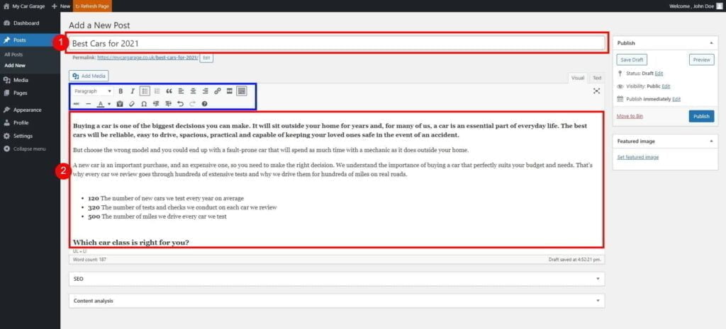 Posts - How to Create a New Post 2 Add A New Post ‹ My Car Garage — Wordpress 1024X465 1