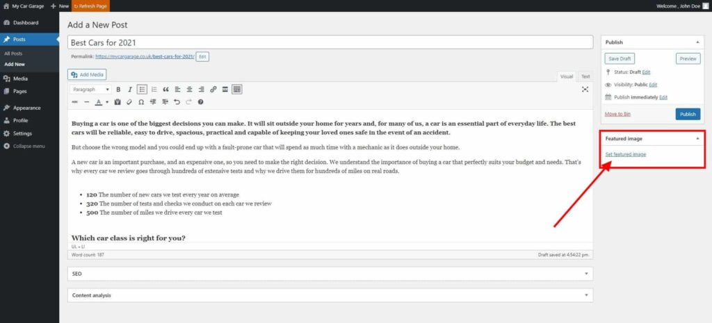Posts - How to Create a New Post 3 Add A New Post ‹ My Car Garage — Wordpress 2 1024X465 1