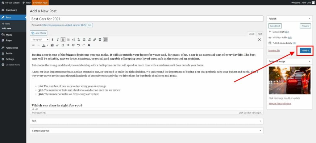 Posts - How to Create a New Post 5 Add A New Post ‹ My Car Garage — Wordpress 4 1024X465 1