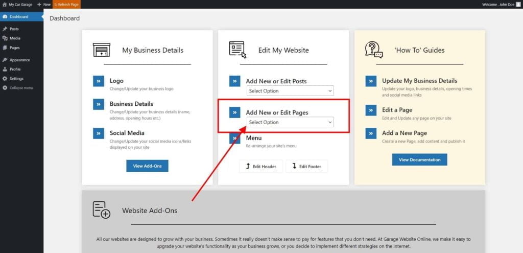 Pages - How to Create a New Page 1 Dashboard ‹ My Car Garage — Wordpress 2 1024X495 9