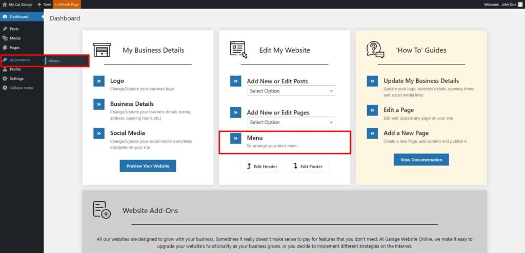 Menu - Editing the Site Navigation 1 Dashboard ‹ My Car Garage — Wordpress 4 1024X495 1