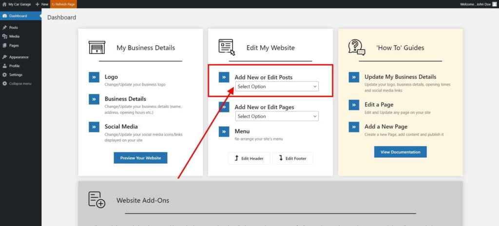 Posts - How to Create a New Post 1 Dashboard ‹ My Car Garage — Wordpress 8 1024X465 1
