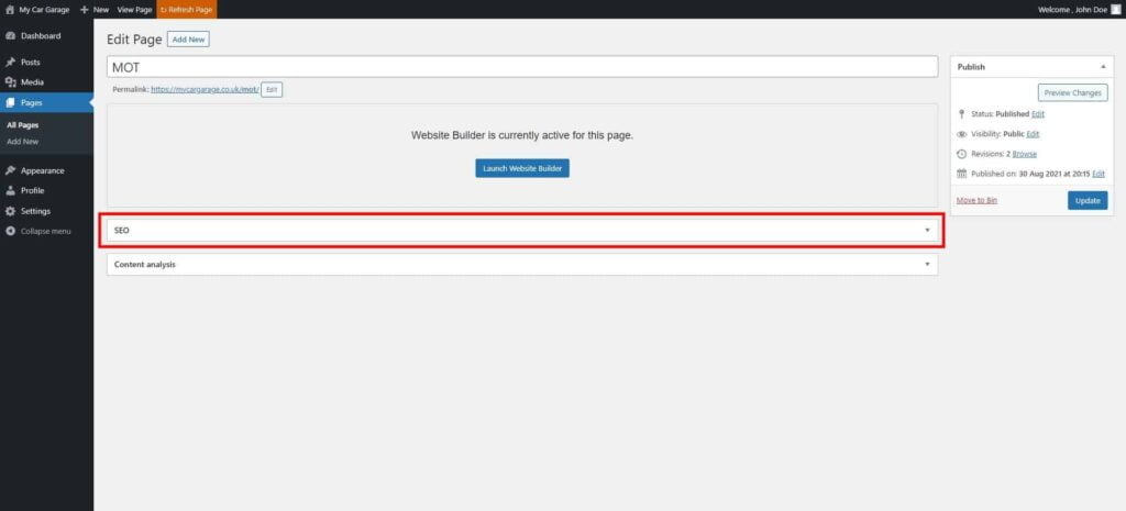 Guide: Search Engine Optimization (SEO) 2 Edit Page ‹ My Car Garage — Wordpress 5 1024X465 1