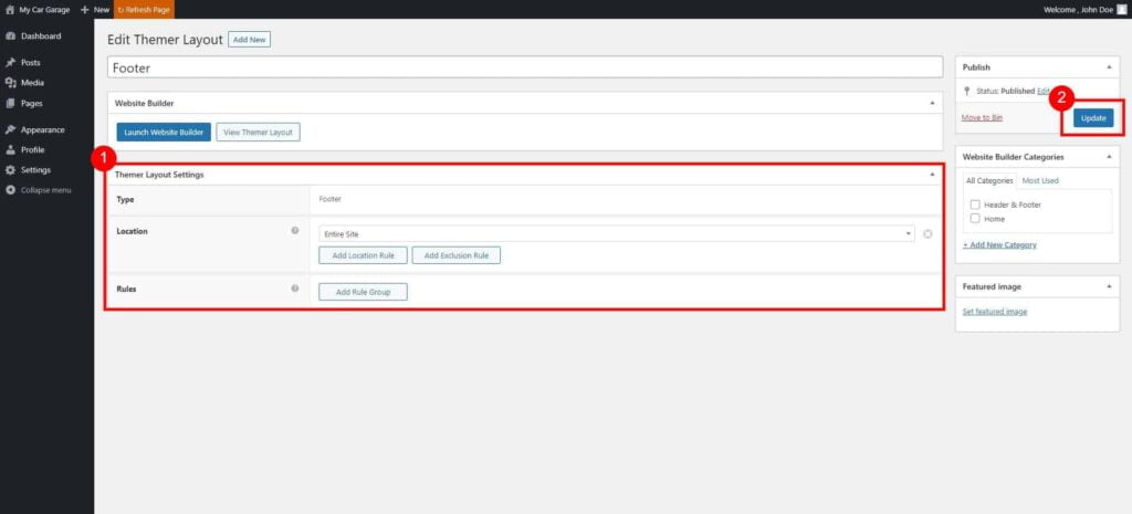 Editing a Site Footer (Content & Design) 2 Edit Themer Layout ‹ My Car Garage — Wordpress 1 1024X465 1