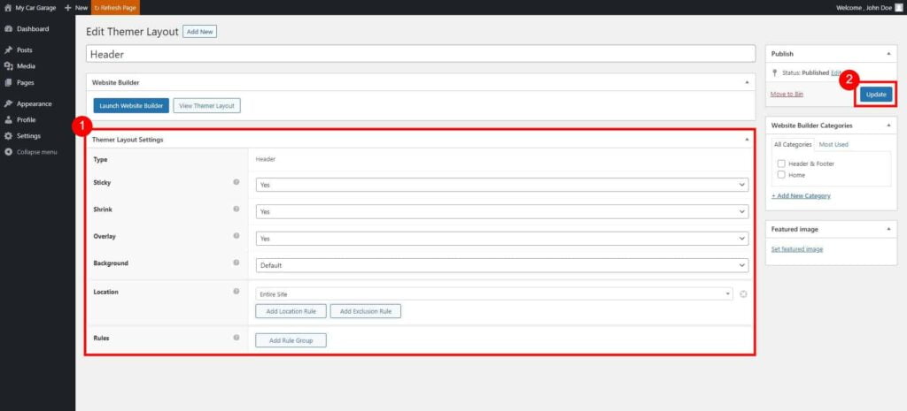 Editing a Site Header (Content & Design) 2 Edit Themer Layout ‹ My Car Garage — Wordpress 1024X465 1