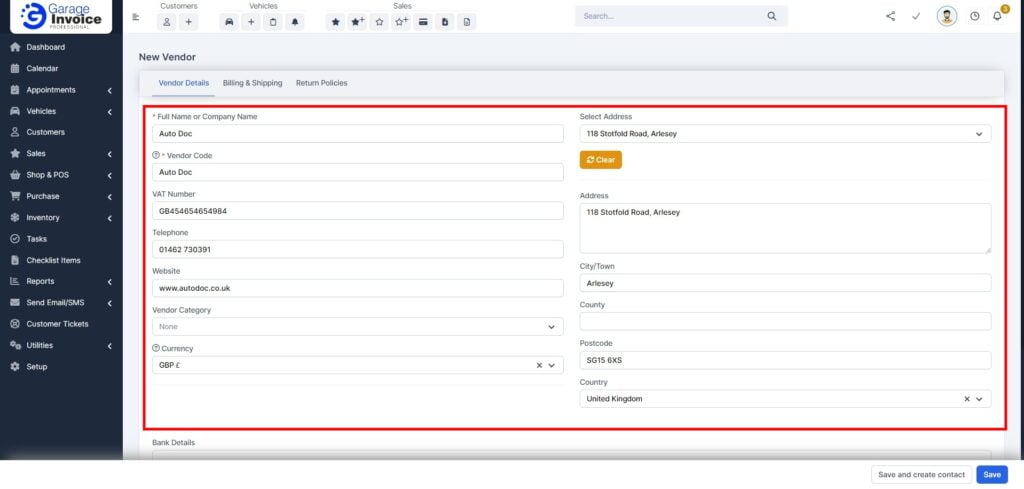 Garage Invoice Purchase Add Vendor 2