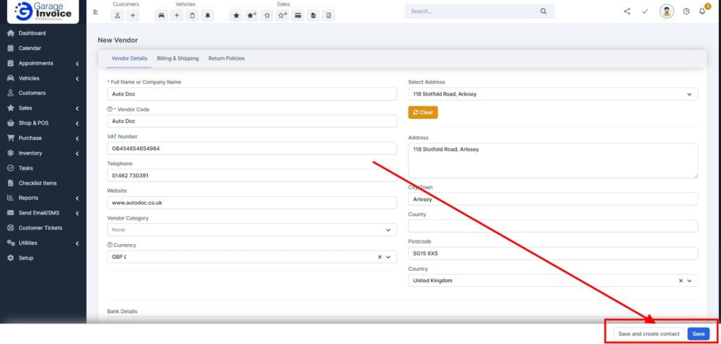 Garage Invoice Purchase Add Vendor 3
