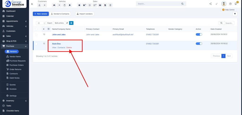 Garage Invoice Purchase Delete Vendor