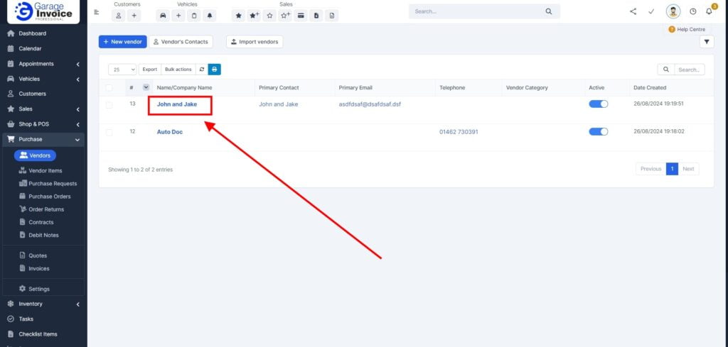 Garage Invoice Purchase Vendor Information