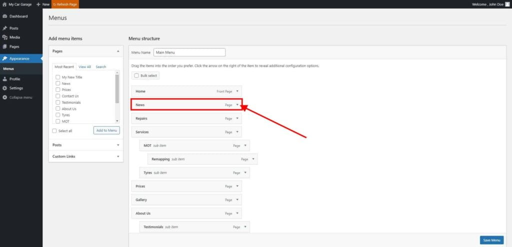 Menu - Editing the Site Navigation 5 Menus ‹ My Car Garage — Wordpress 1024X495 1