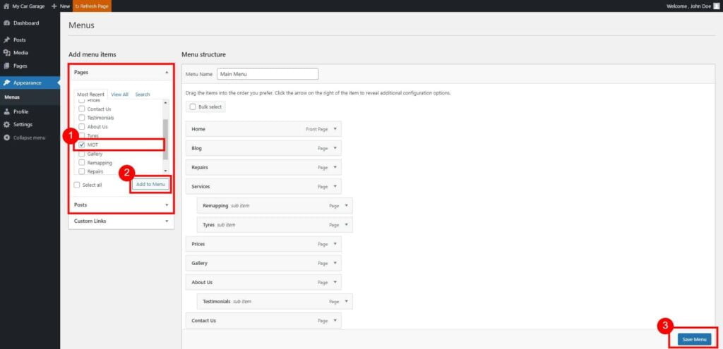 Menu - Editing the Site Navigation 7 Menus ‹ My Car Garage — Wordpress 2 1024X495 1