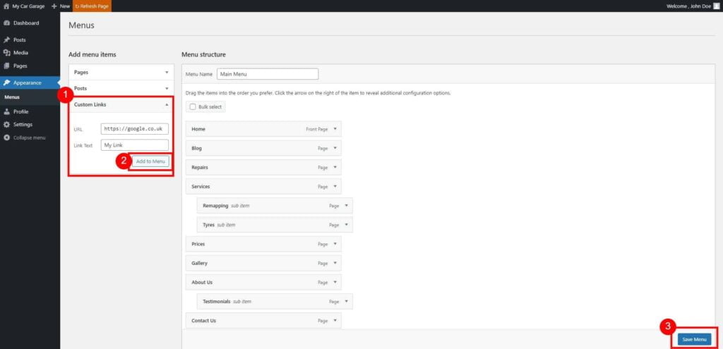 Menu - Editing the Site Navigation 8 Menus ‹ My Car Garage — Wordpress 3 1024X495 1