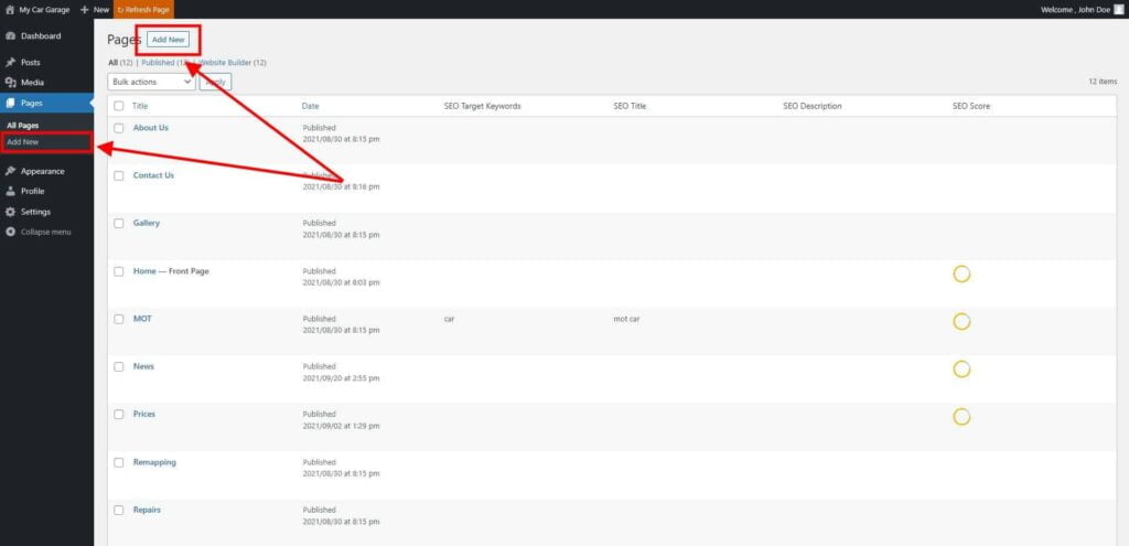 Pages - How to Create a New Page 4 Pages ‹ My Car Garage — Wordpress 1 1024X495 1