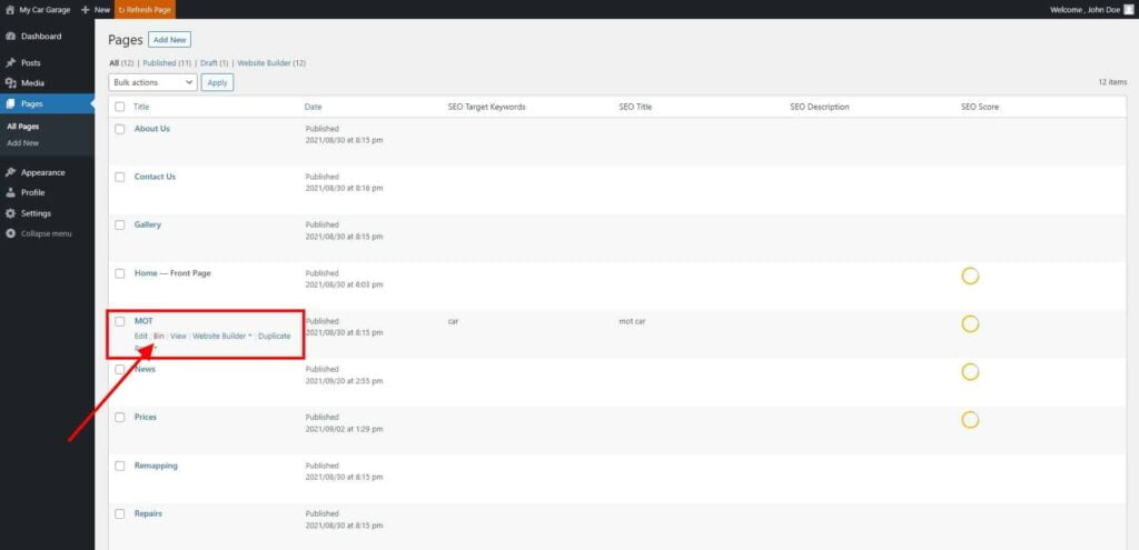 Pages - How to Delete Page 1 Pages ‹ My Car Garage — Wordpress 2 1024X495 1