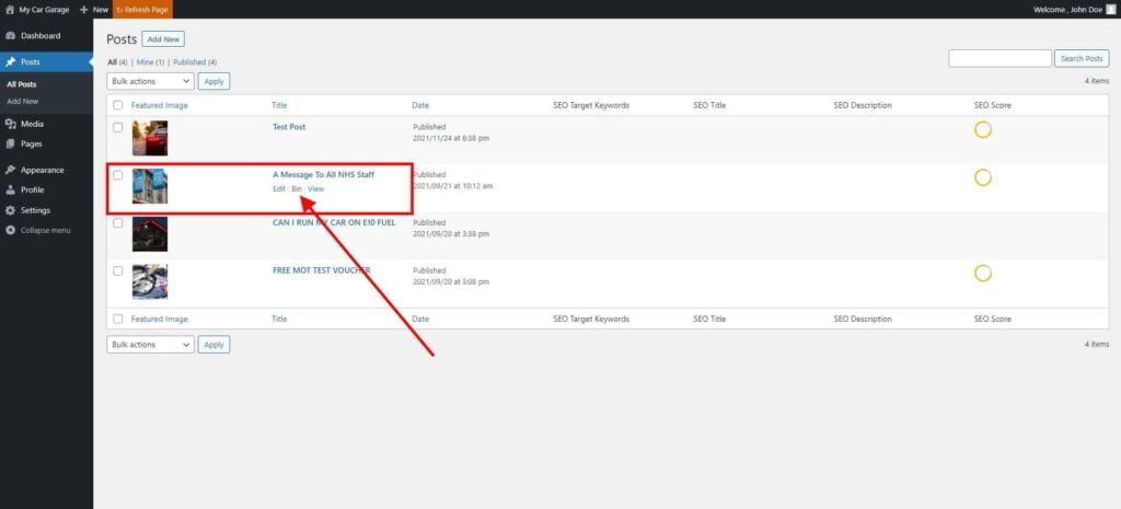 Posts – How to Delete Post 1 Posts ‹ My Car Garage — Wordpress 1 1024X465 1