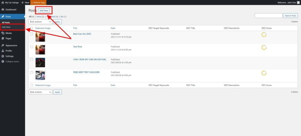 Posts - How to Create a New Post 6 Posts ‹ My Car Garage — Wordpress 3 1024X465 1