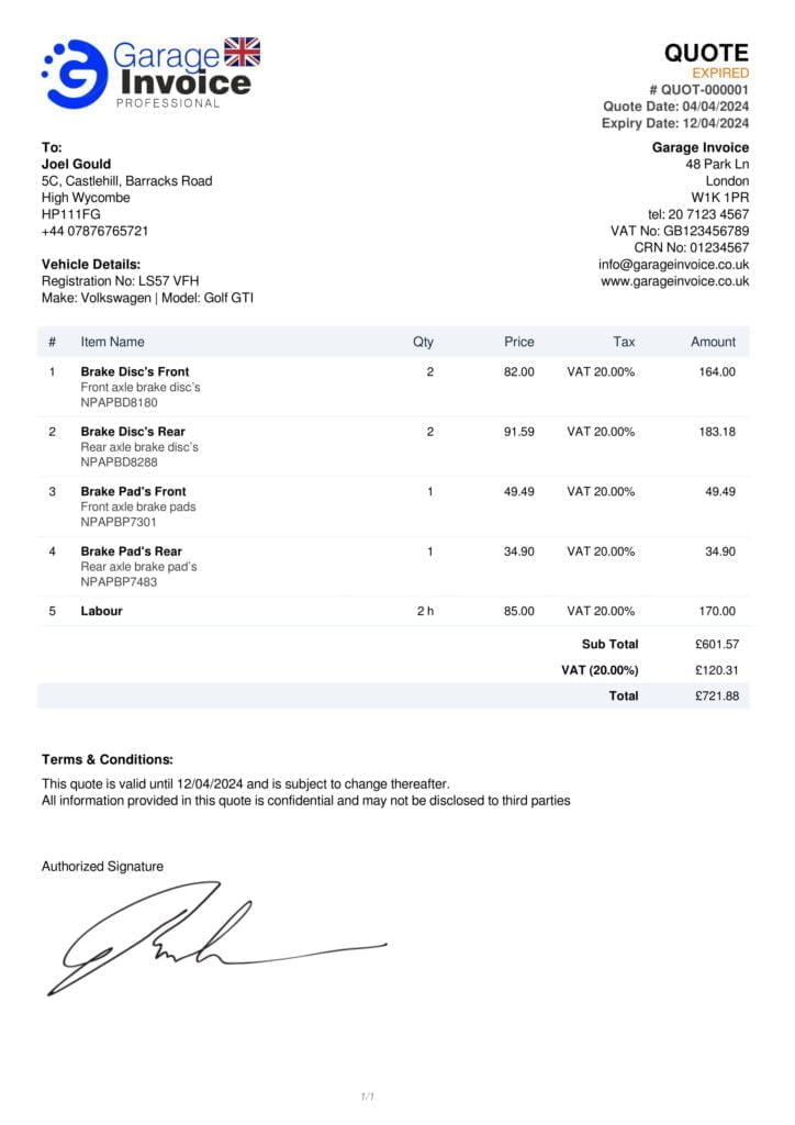 Quote PDF Example created in Garage Invoice - Garage Management Software UK