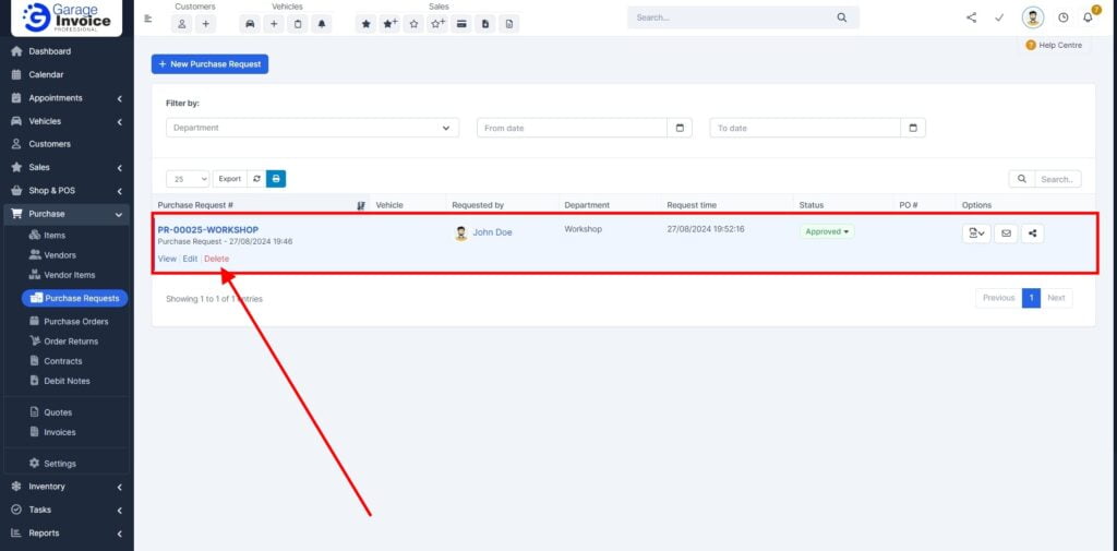 Garage Invoice Purchase Request Delete