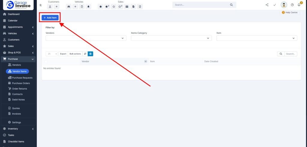 Garage Invoice Purchase Vendor Items1