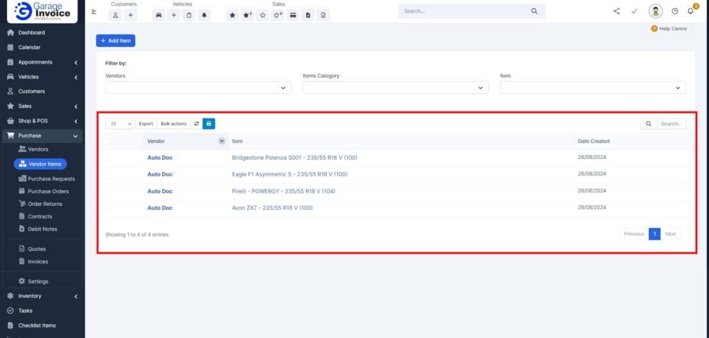 Garage Invoice Purchase Vendor Items4