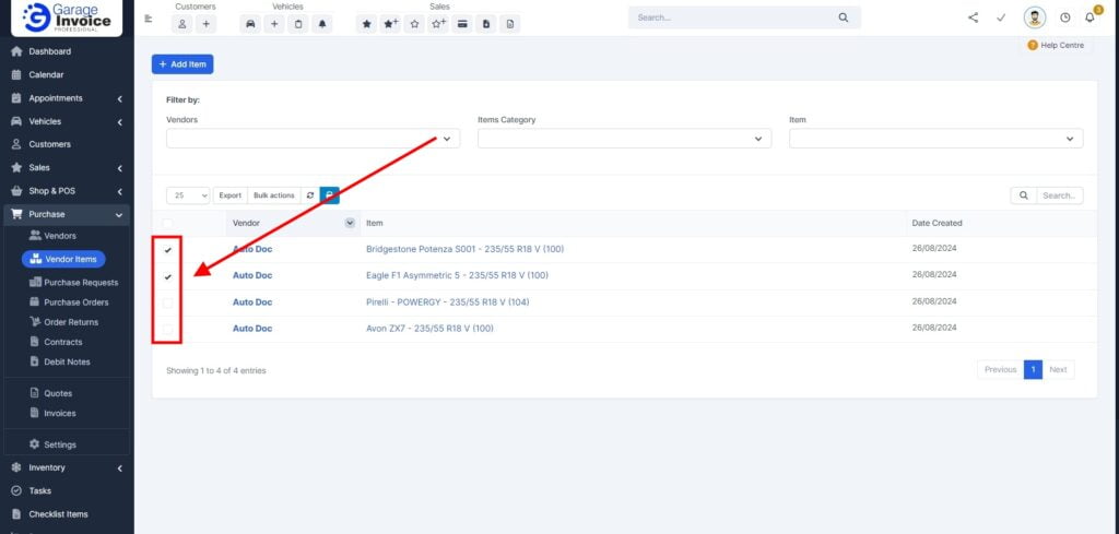 Garage Invoice Purchase Vendor Items Delete