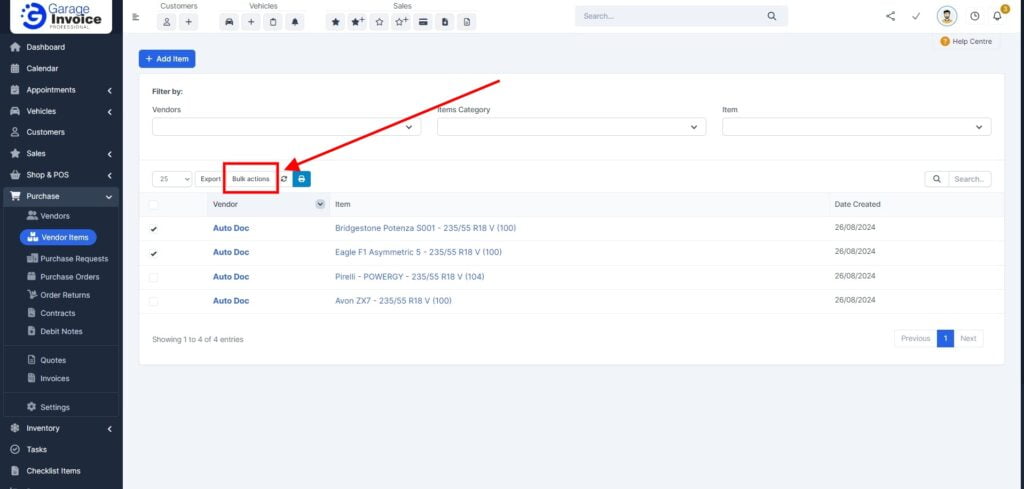 Garage Invoice Purchase Vendor Items Delete 1