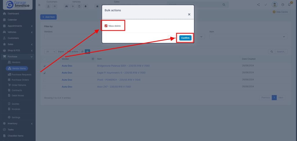 Garage Invoice Purchase Vendor Items Delete 2