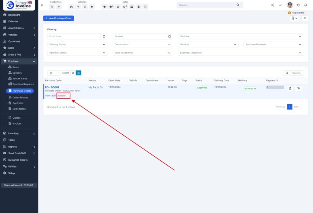 Purchase Order Delete Garage Invoice