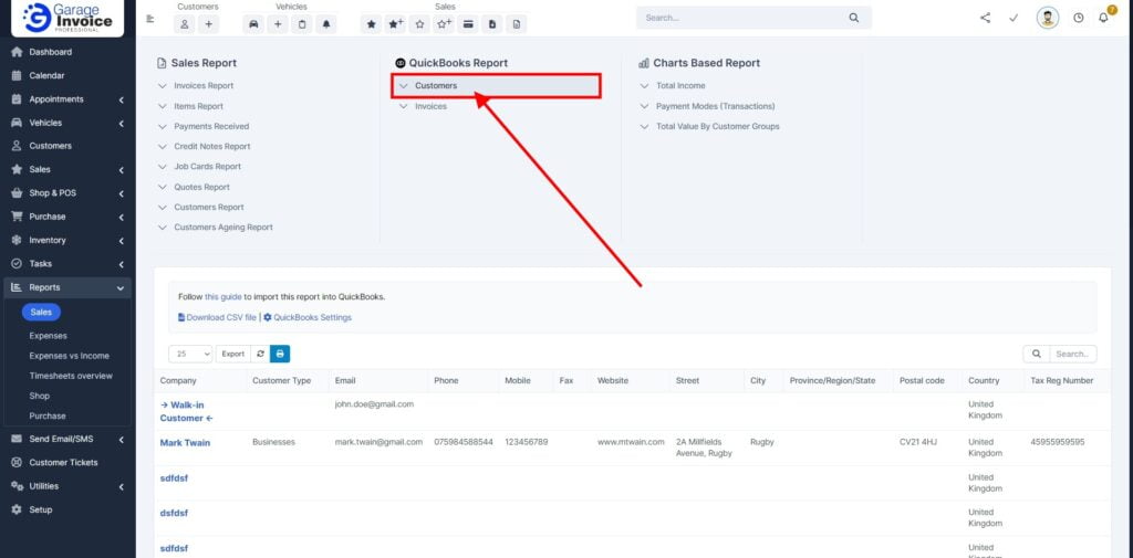 Garage Invoice Reports Export Customers Quickbooks1A