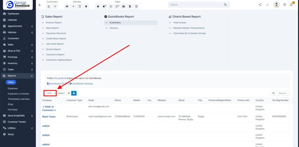 Garage Invoice Reports Export Customers Quickbooks2A