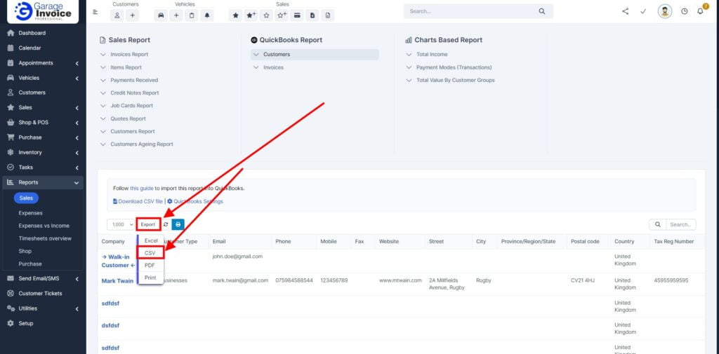 Garage Invoice Reports Export Customers Quickbooks3A