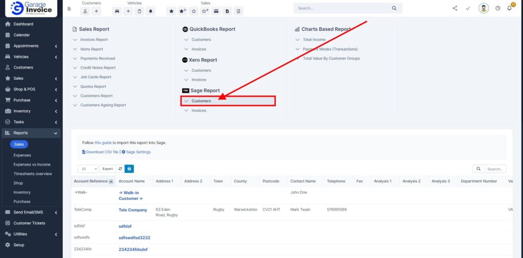 Garage Invoice Reports Export Customers Sage