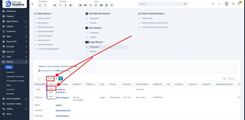 Garage Invoice Reports Export Customers Sage1