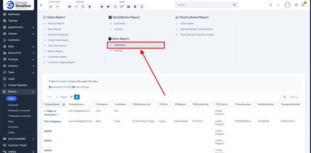 Garage Invoice Reports Export Customers Xero