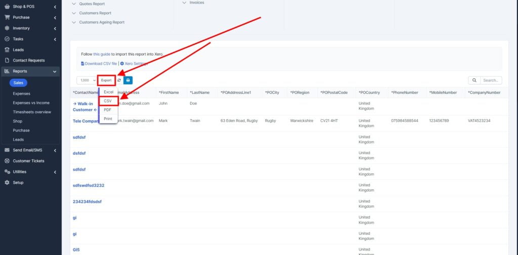 Garage Invoice Reports Export Customers Xero2