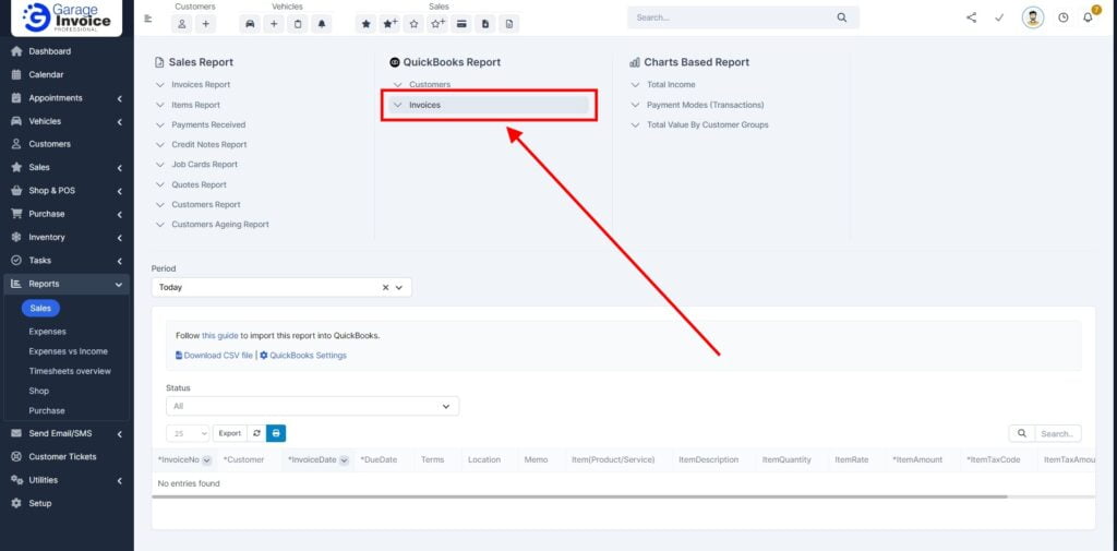 Garage Invoice Reports Export Invoices Quickbooks2
