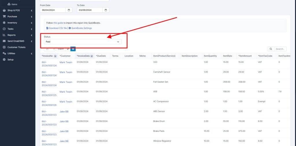 Garage Invoice Reports Export Invoices Quickbooks4
