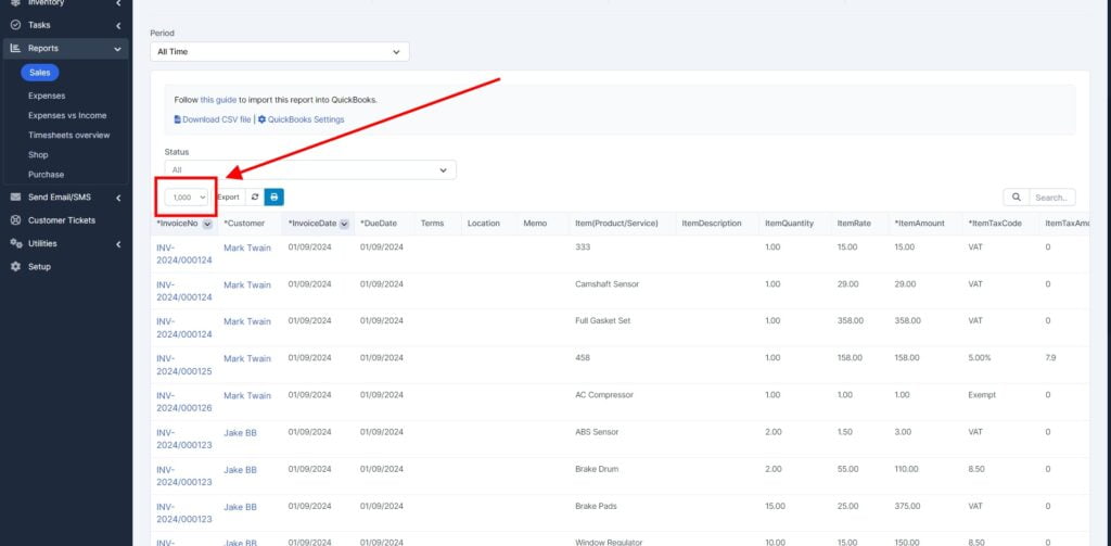 Garage Invoice Reports Export Invoices Quickbooks5