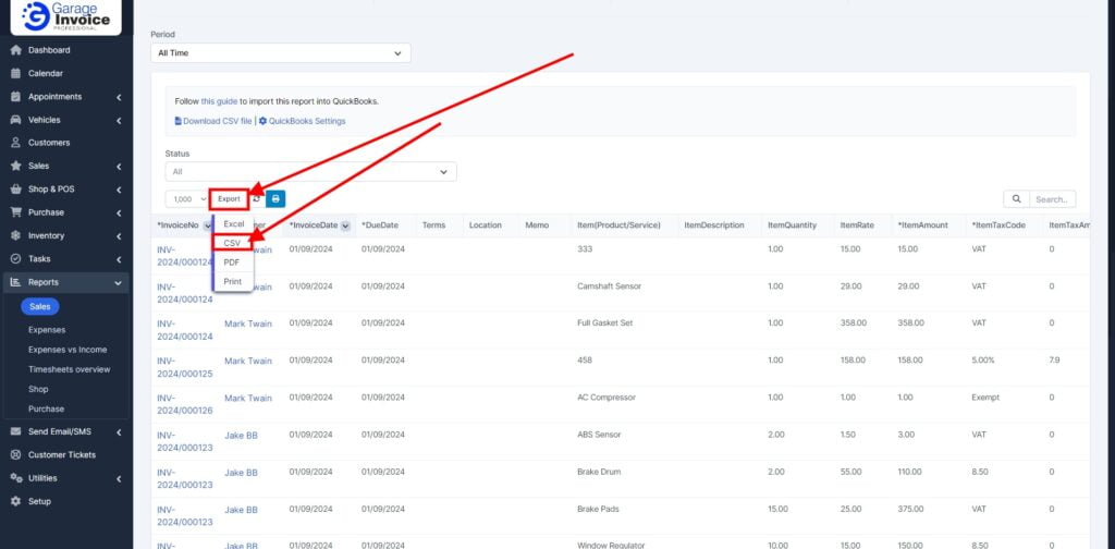 Garage Invoice Reports Export Invoices Quickbooks6