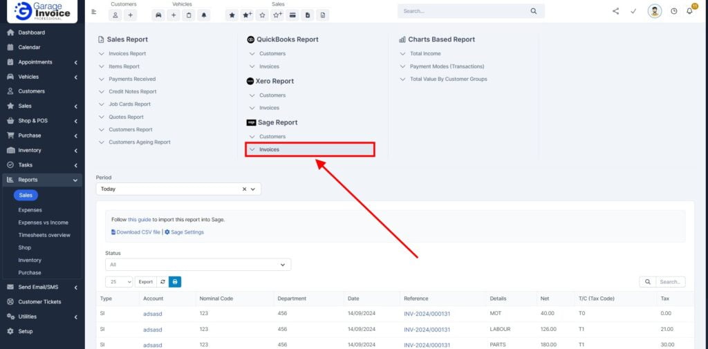 Garage Invoice Reports Export Invoices Sage