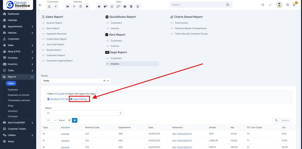 Garage Invoice Reports Export Invoices Sage1