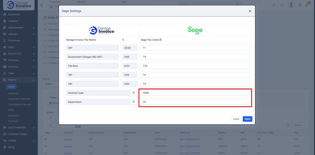 Garage Invoice Reports Export Invoices Sage3