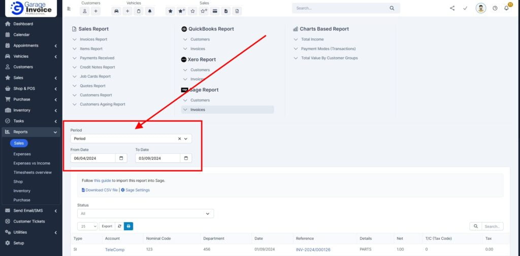 Garage Invoice Reports Export Invoices Sage4