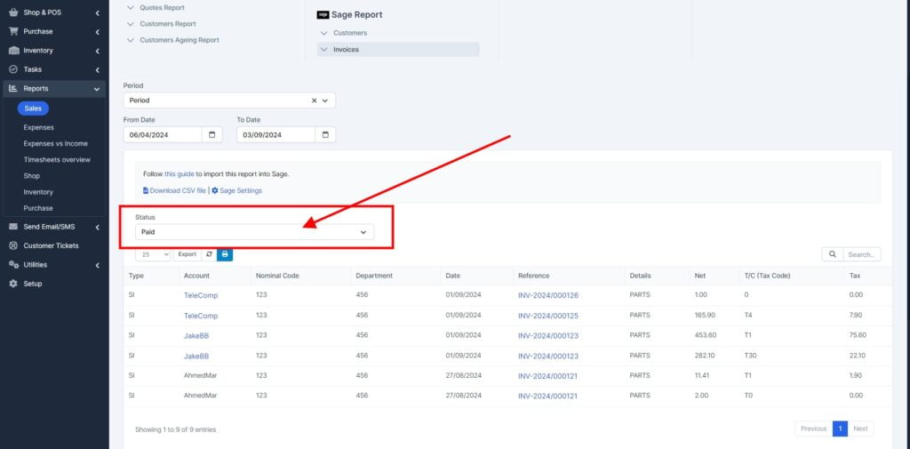 Garage Invoice Reports Export Invoices Sage5