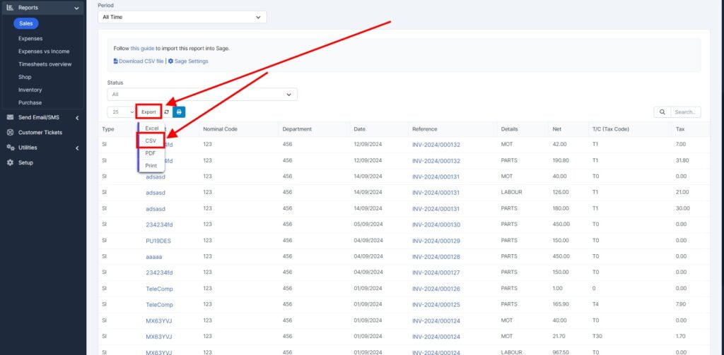 Garage Invoice Reports Export Invoices Sage6